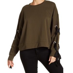 French Terry Lace-Up Green Long Sleeve Sweater